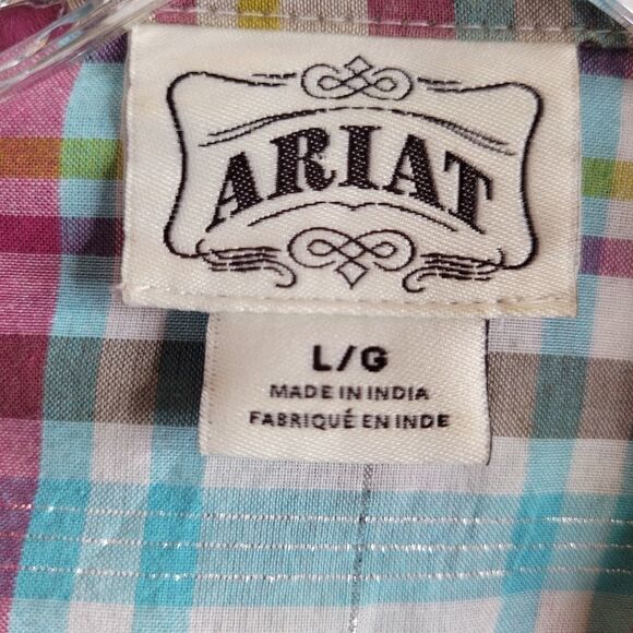 L ARIAT embroidered metallic snap plaid WESTERN RODEO PINK SILVER shirt LARGE - Picture 7 of 15